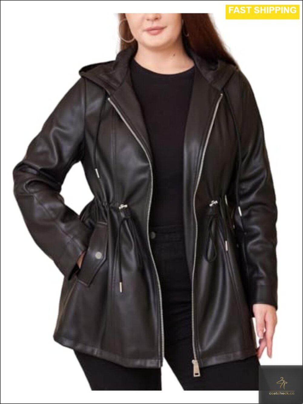 Faux Leather Jacket Plus Size Hooded Moto Biker Coat